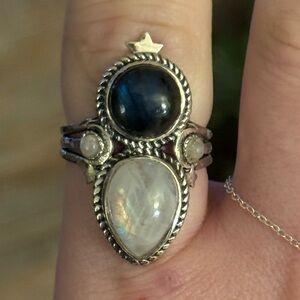 Boho Sterling Silver Labradorite and Moonstone Ring Size 10
